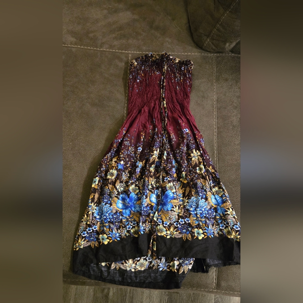 Elegant Strapless Floral Dress - Burgundy and Blue